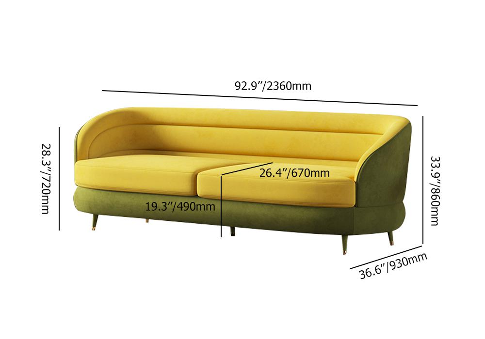93" Modern Yellow & Green Velvet Upholstered Sofa for 3 Seaters with Gold Legs