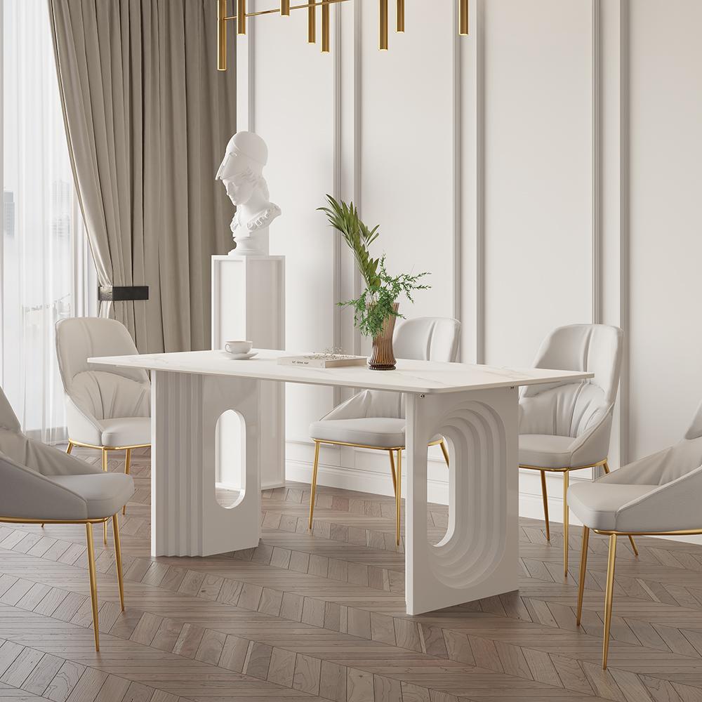 63" Modern Dining Table White Faux Marble Top for 6 Person Double Pedestal Base