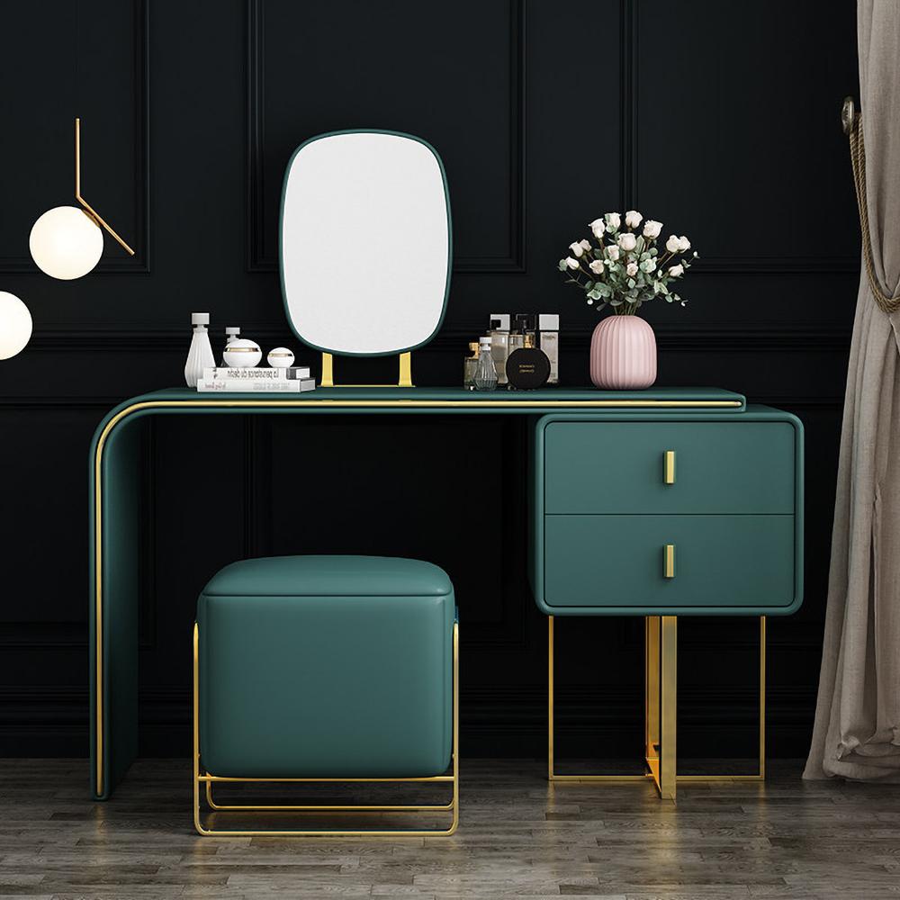 Green Makeup Vanity Set Expandable Dressing Table with Mirror&Side Cabinet&Stool