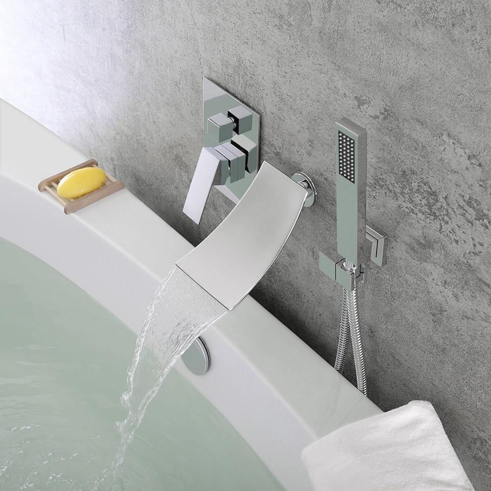 Modern Waterfall Wall-Mount Tub Filler Faucet Single Handle & Handshower in Matte Black
