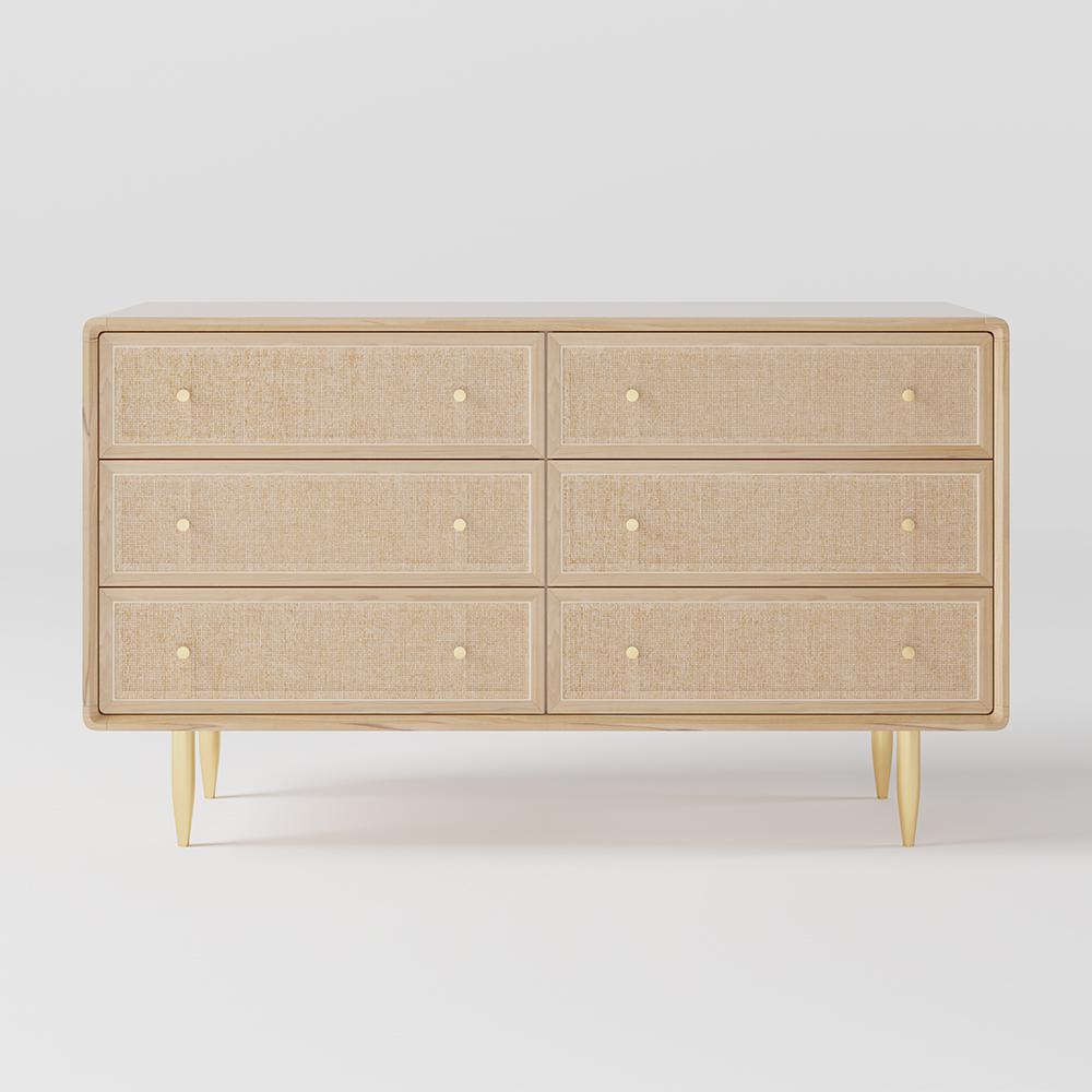 53" Nordic Natural Bedroom Dresser with 6 Drawers Rattan Woven in Gold