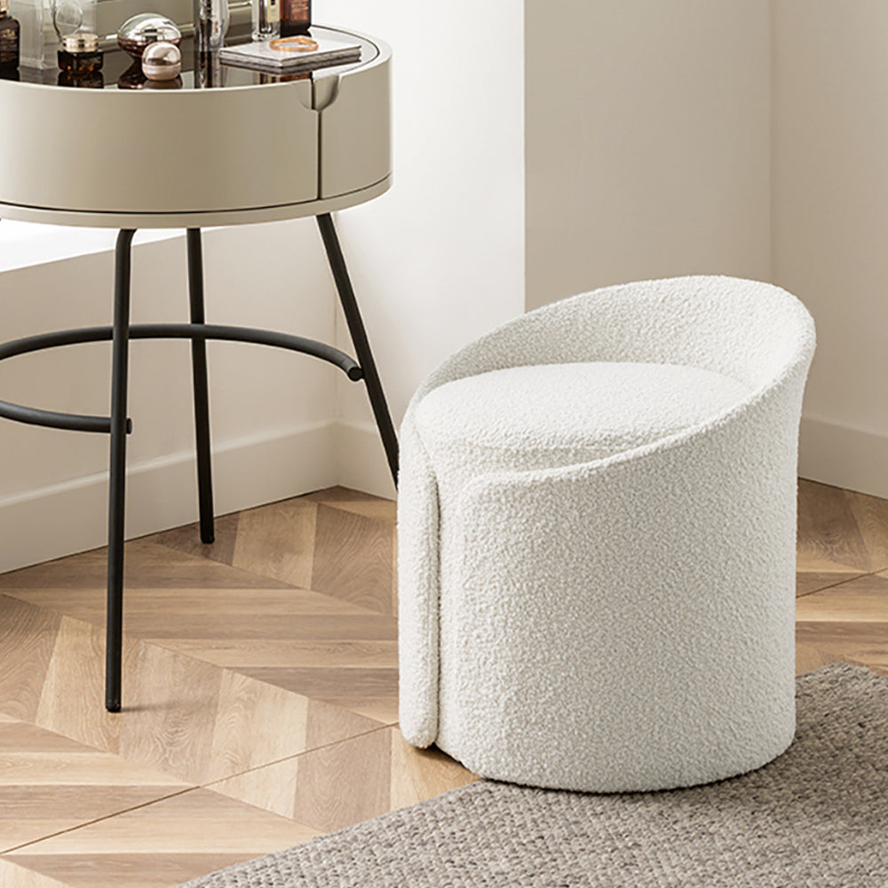 Modern White Round Lamb Wool Vanity Stool with Backrest & Rotatable Chassis