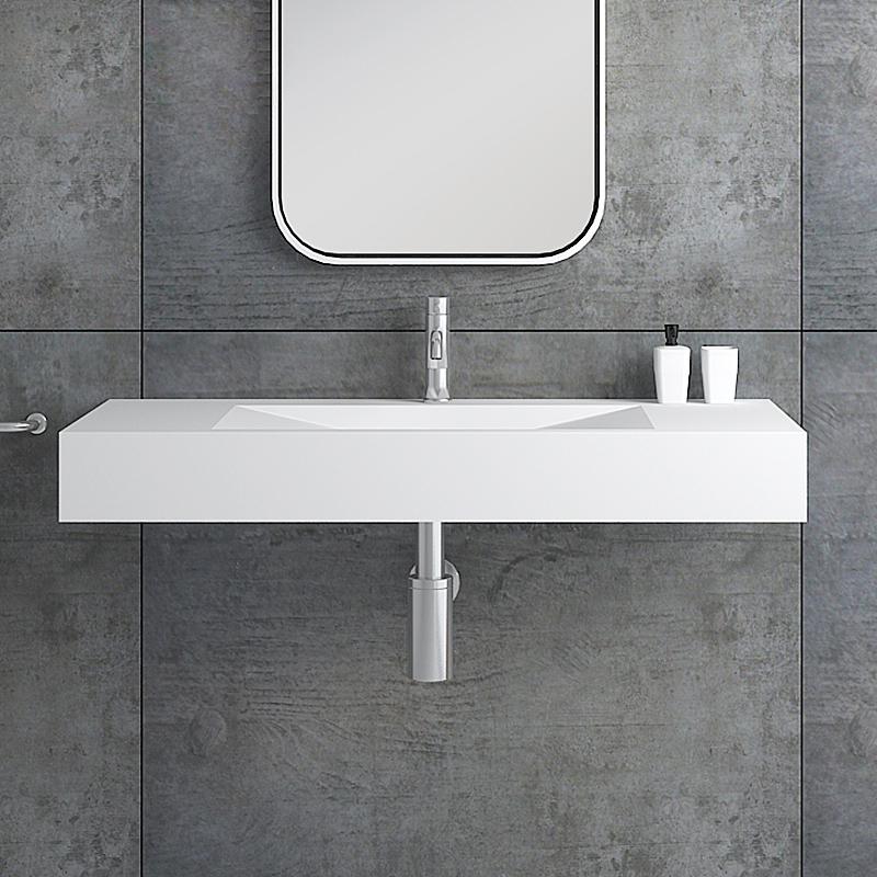 Glossy White Wall-Mount Floating Sink Solid Surface Stone Resin Bathroom V-Shaped Sink