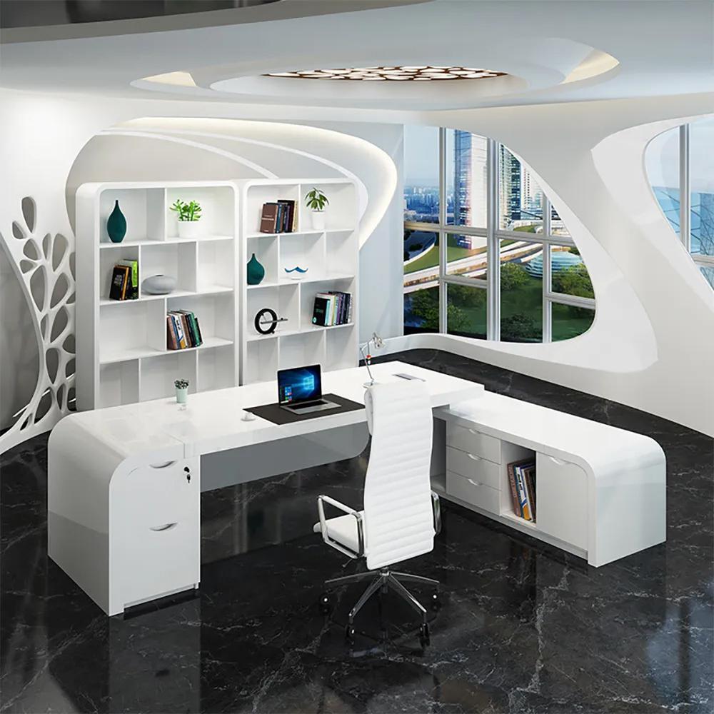 L-shaped Modern Executive Desk with Ample Storages Right Hand in White