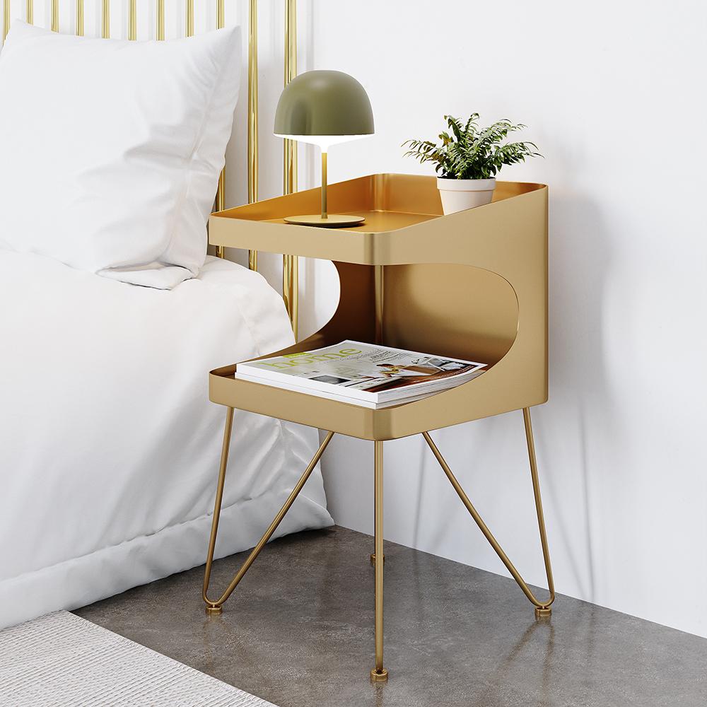 Nordic Gold Metal Nightstand with 2 Shelves and Handle Bedside Table