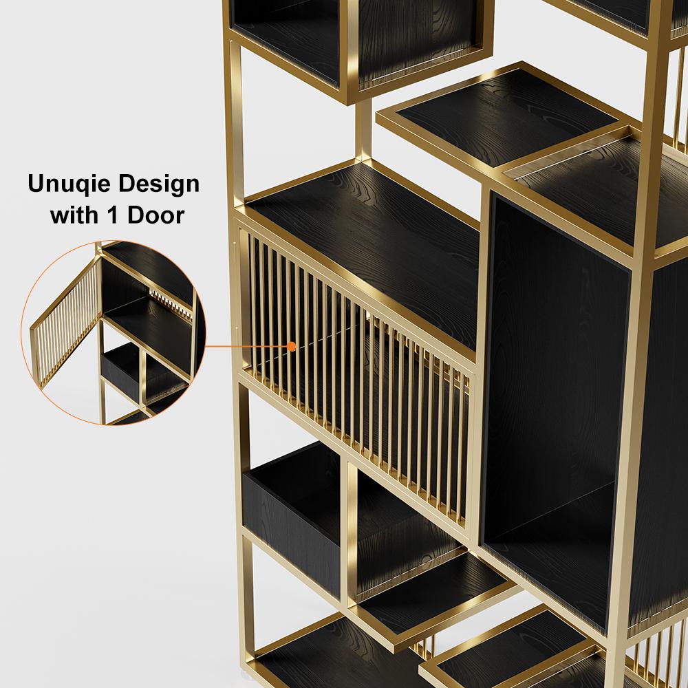 78" Modern Black Steel Geometric Bookcase 6-Tier Bookshelf Wooden Tall Book Shelf