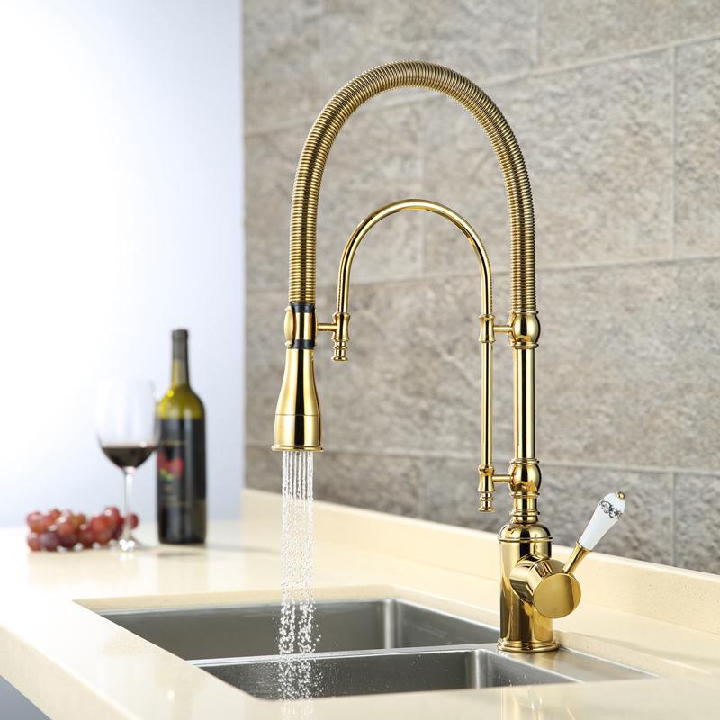 High Arc Dual-Mode Pull-Down Kitchen Faucet Solid Brass with Porcelain Handle