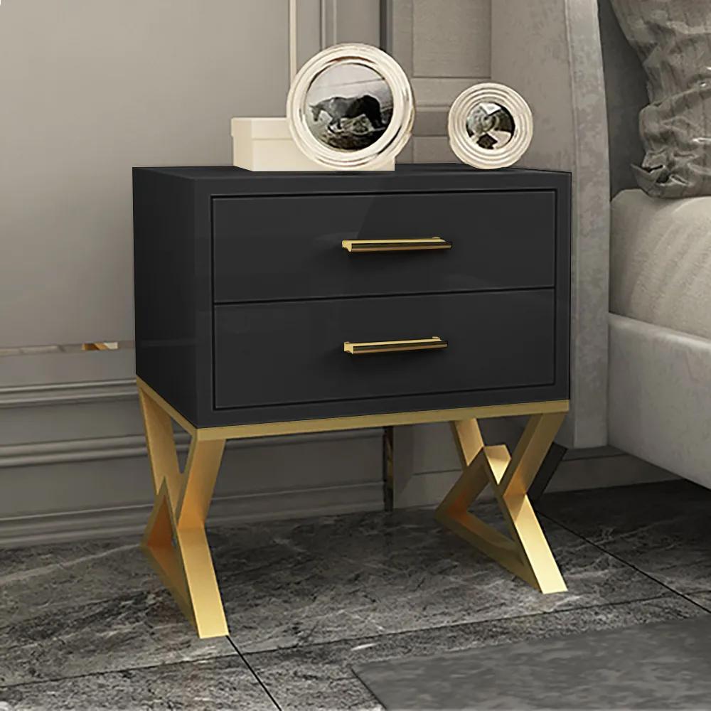 Nordic White Nightstand 2-Drawer Bedside Table Gold Finish
