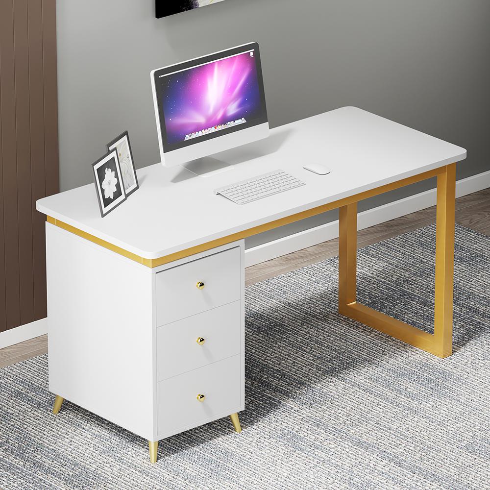 Modern 55" Wooden Home Office White Computer Desk with 3 Drawers & Side Cabinet in Gold