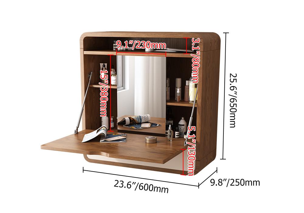 Walnut Makeup Vanity and Cushioned Stool Set Wall Mounted Vanity Table & Movable Mirror