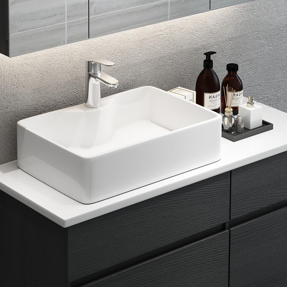31" Black & White Floating Bathroom Vanity Marble Top Ceramic Vessel Sink