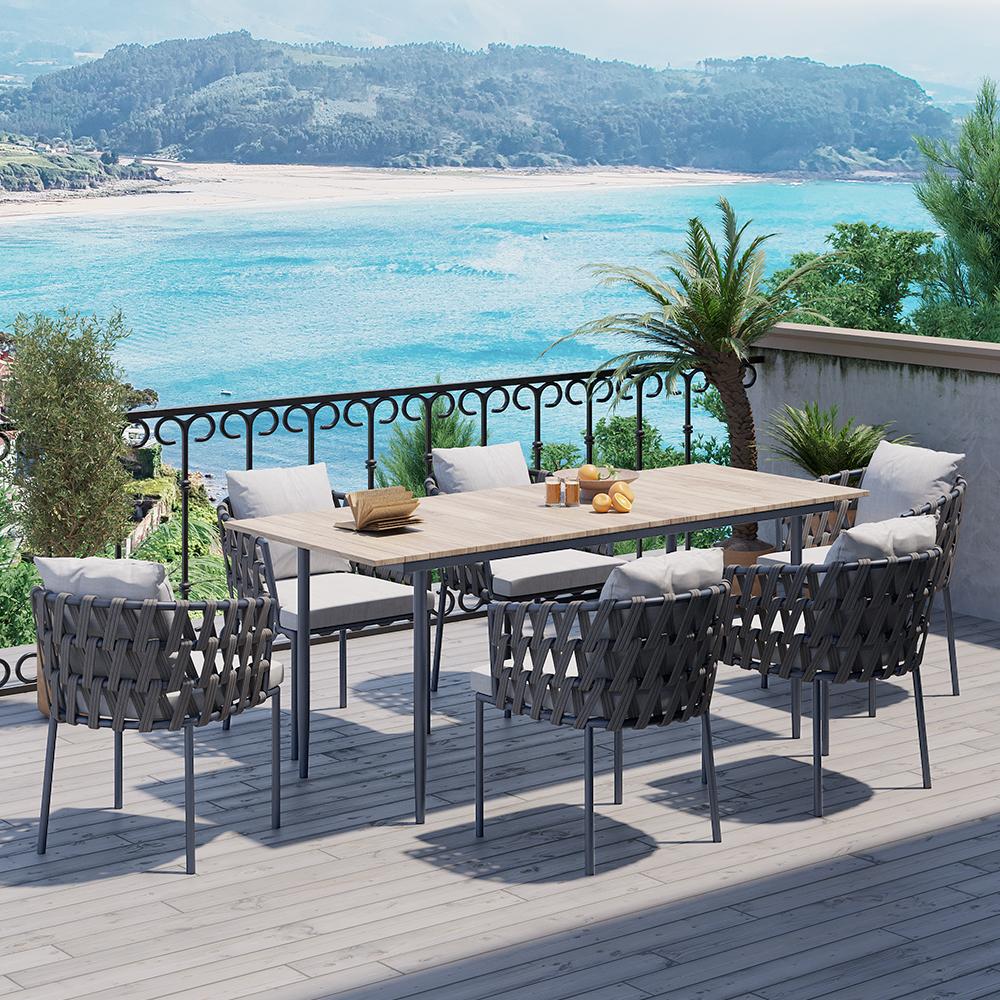 7Pcs Mid Century Modern Aluminum Outdoor Dining Set for 6 with Wood Table Natural & Gray