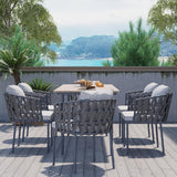 7Pcs Mid Century Modern Aluminum Outdoor Dining Set for 6 with Wood Table Natural & Gray