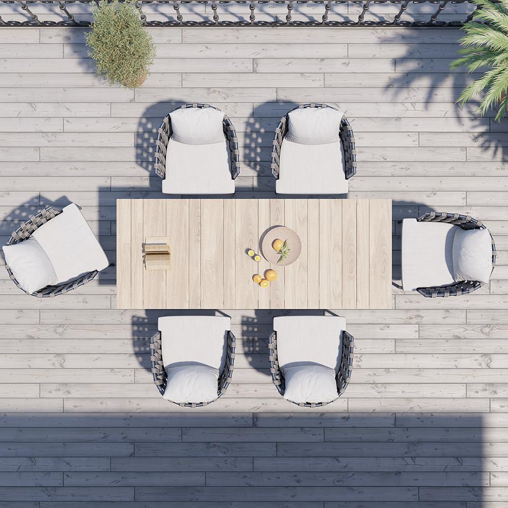 7Pcs Mid Century Modern Aluminum Outdoor Dining Set for 6 with Wood Table Natural & Gray