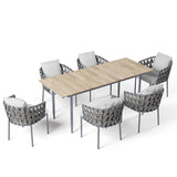 7Pcs Mid Century Modern Aluminum Outdoor Dining Set for 6 with Wood Table Natural & Gray
