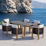 7 Pieces Modern Outdoor Dining Set with Marble Top Table and Woven Rope Chair in Gray