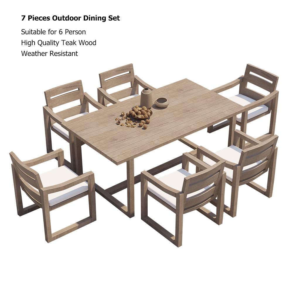 7 Pieces Modern Outdoor Dining Set with Rectangle Teak Wood Table and Chair in Natural