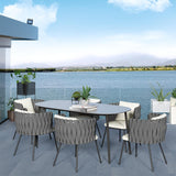 7 Pieces Outdoor Dining Set with Faux Marble Top & Aluminum Table and Rope Woven Chair