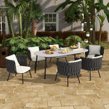 7 Pieces Outdoor Dining Set with Faux Marble Top & Aluminum Table and Rope Woven Chair