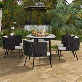 7 Pieces Outdoor Dining Set with Faux Marble Top & Aluminum Table and Rope Woven Chair