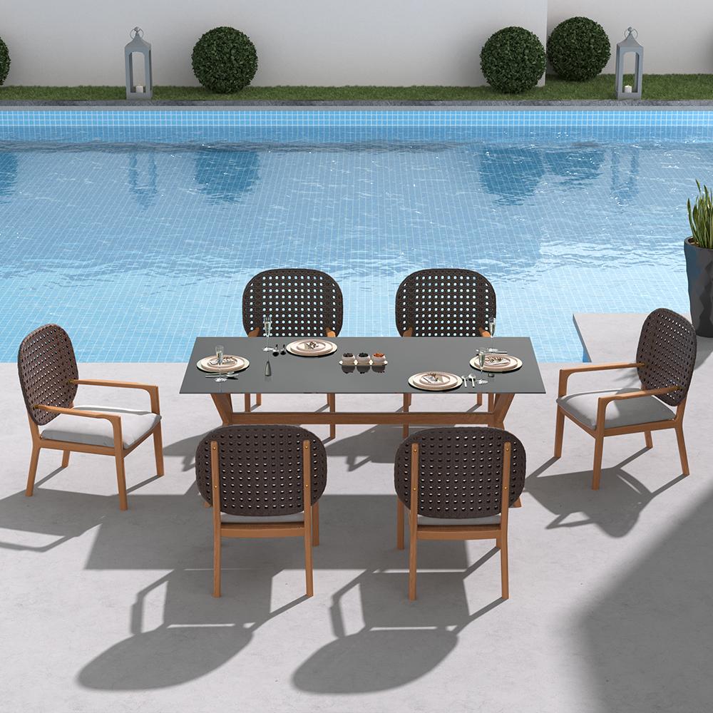 3 Pieces Teak Wood Outdoor Dining Set with Glass Top Table Rattan Armchair in Natural