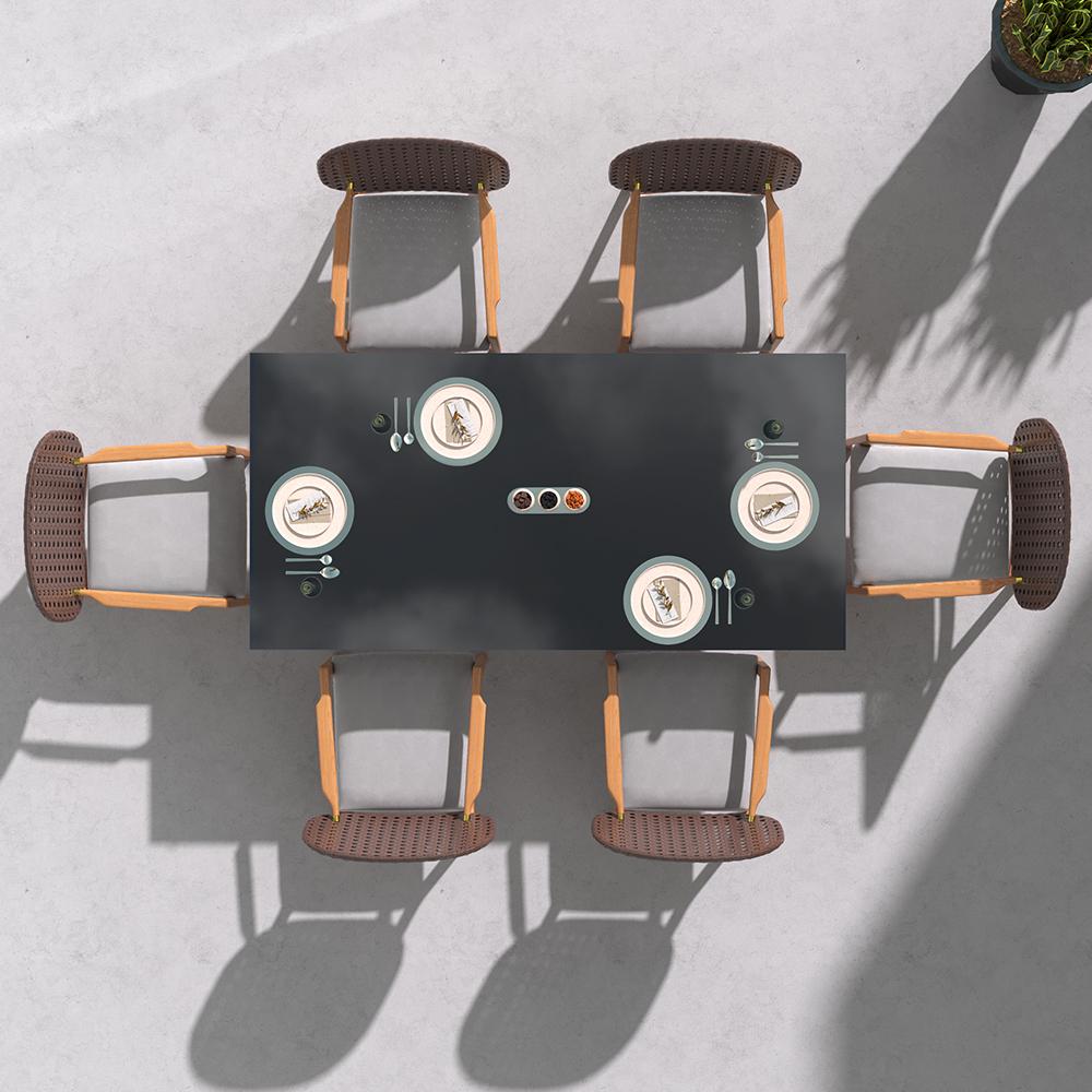 3 Pieces Teak Wood Outdoor Dining Set with Glass Top Table Rattan Armchair in Natural