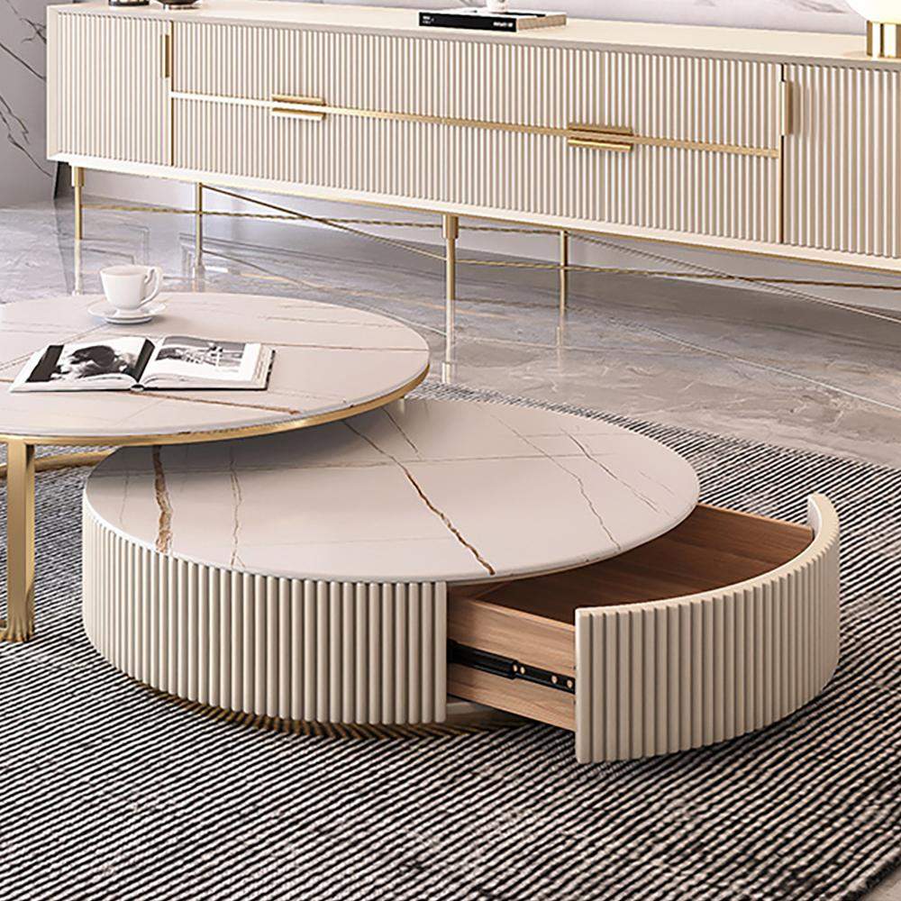 Round Modern Stone Top Nesting Coffee Table with 1 Drawer-Richsoul-Coffee Tables,Furniture,Living Room Furniture