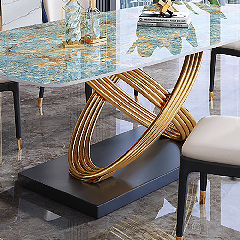 Modern Luxury Rectangular Dining Table Stone Top with Gold Stainless Steel Pedestal
