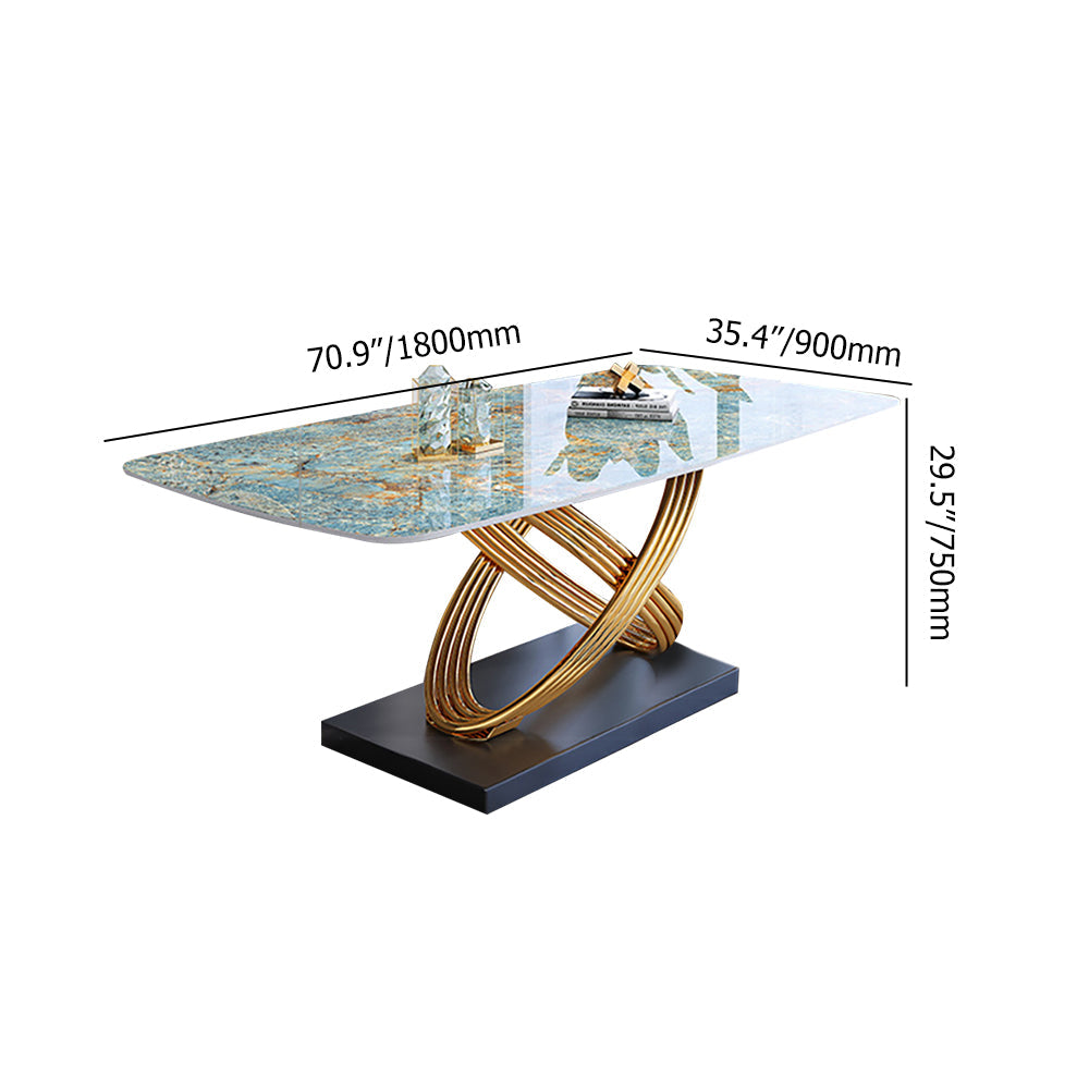 Modern Luxury Rectangular Dining Table Stone Top with Gold Stainless Steel Pedestal