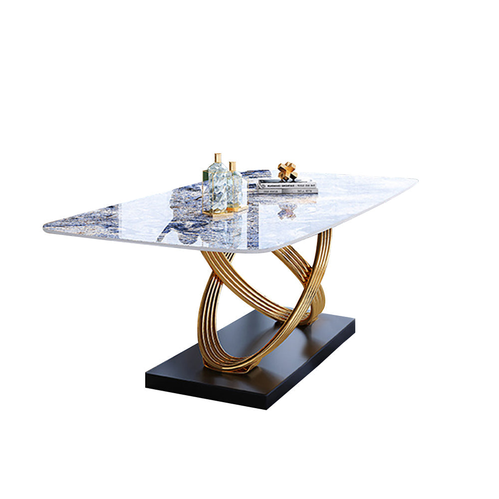 Modern Luxury Rectangular Dining Table Stone Top with Gold Stainless Steel Pedestal