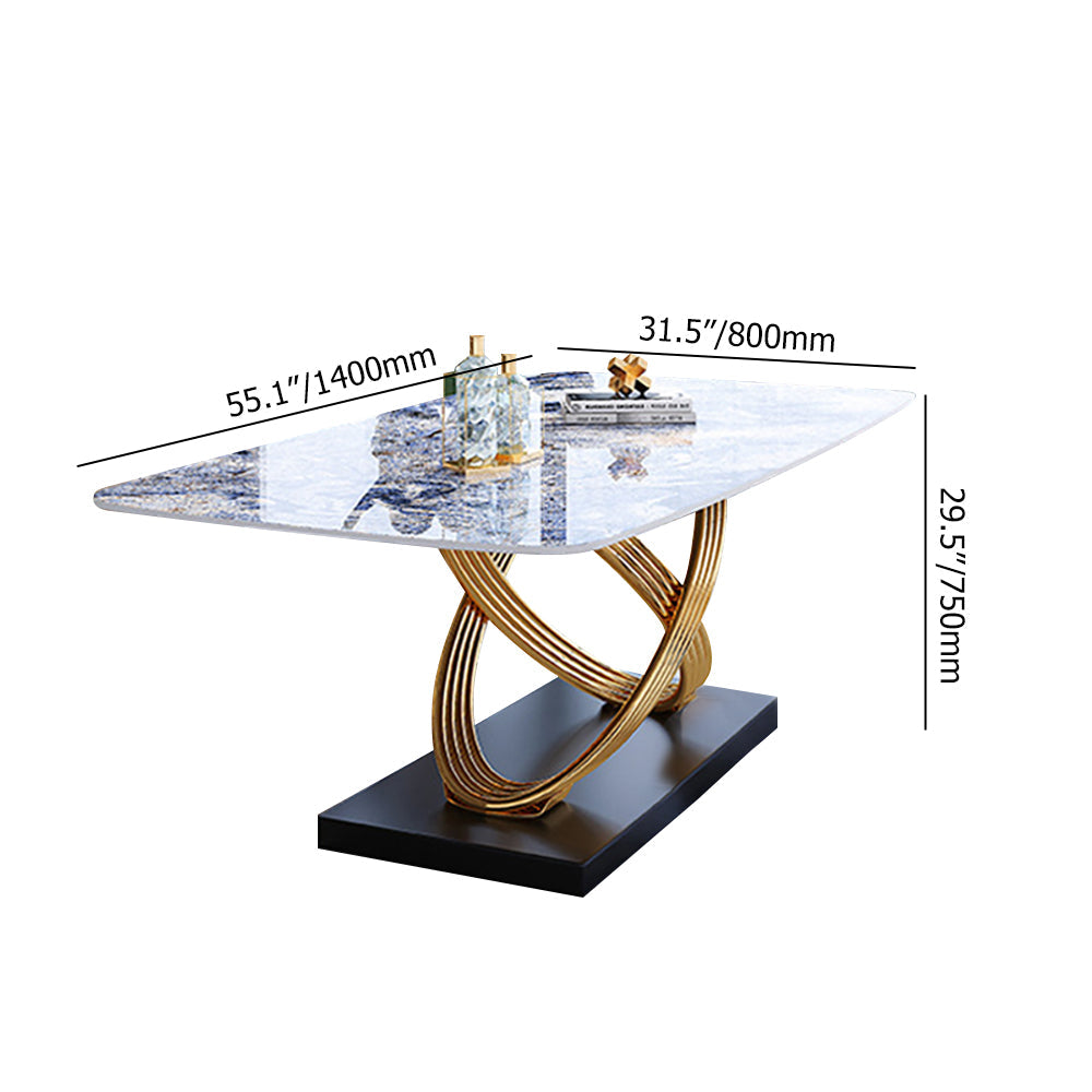 Modern Luxury Rectangular Dining Table Stone Top with Gold Stainless Steel Pedestal