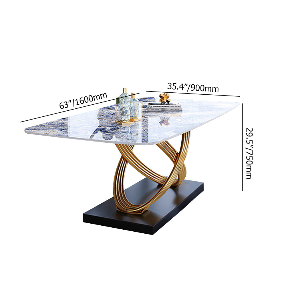 Modern Luxury Rectangular Dining Table Stone Top with Gold Stainless Steel Pedestal