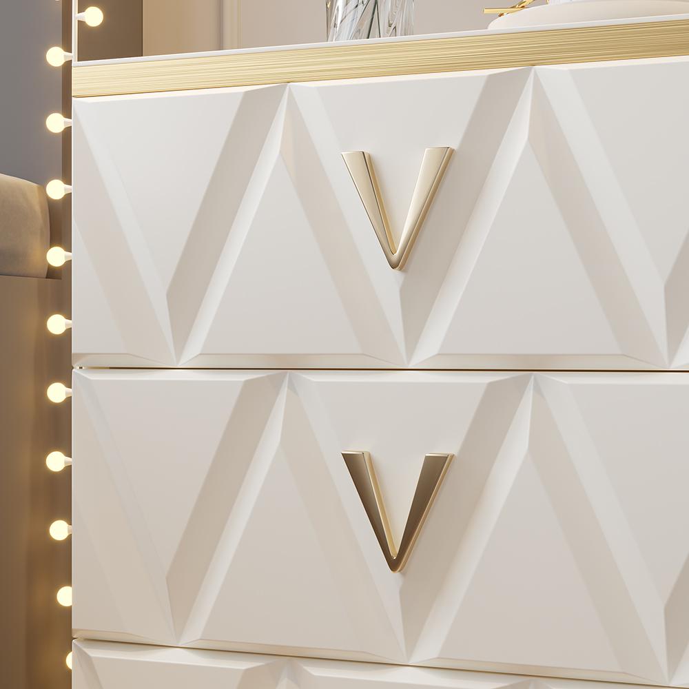 Nordic White Nightstand 3-Drawer Bedside Table V-Shaped Facet & Gold Pulls in Large