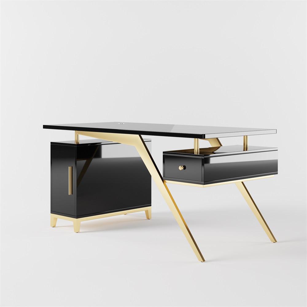 55" Ultra Modern White and Gold Computer Writing Desk with Storage & Drawer