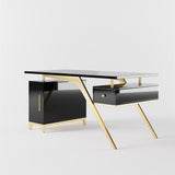 55" Ultra Modern White and Gold Computer Writing Desk with Storage & Drawer