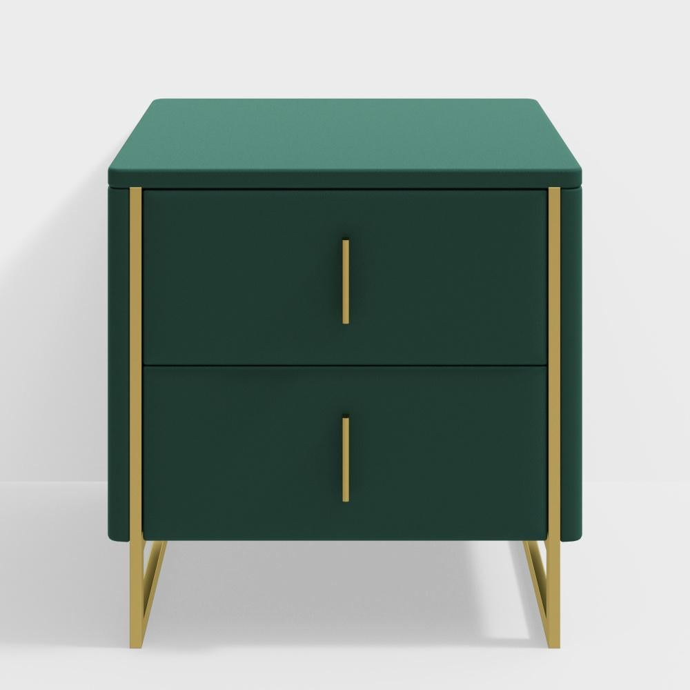 Modern Off White Nightstand 2-Drawer Faux Leather Bedside Table in Gold