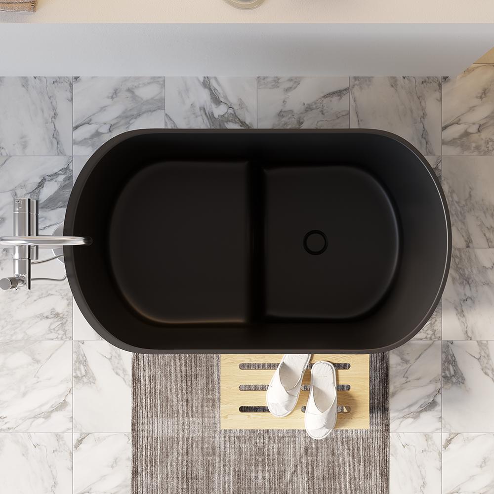 40" Modern Deep Oval Freestanding Matte White Stone Resin Japanese Soaking Bathtub