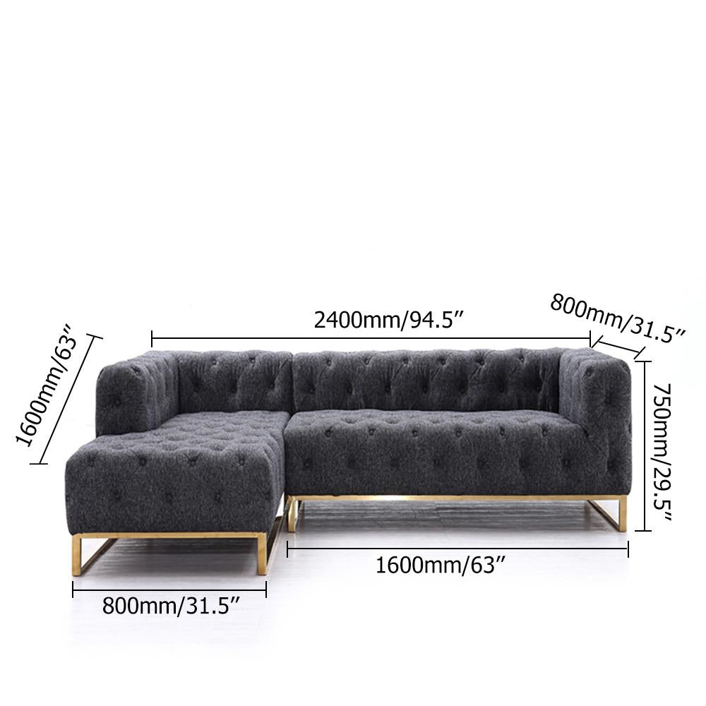 94.5" Modern Tufted Velvet Upholstered Sofa 3-Seater Sofa Gray Sectional in Gold Base