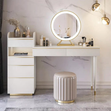 Off-white Makeup Vanity Set Dressing Table with Lighted Mirror Cabinet & Stool Included