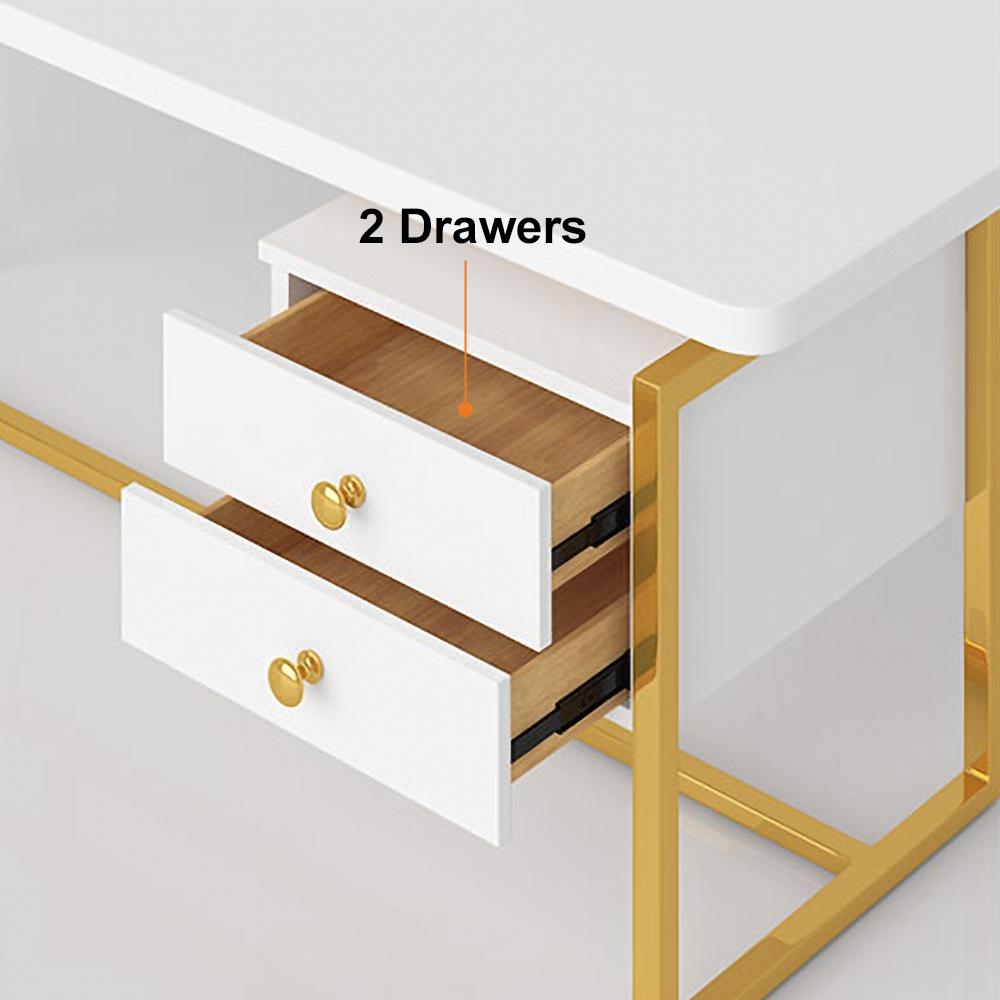 71" White Writing Desk Modern Computer Desk with 2-Drawer in Gold