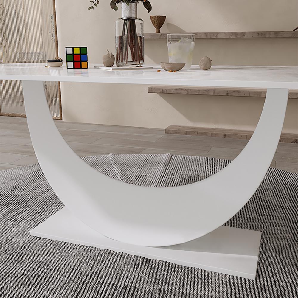 71" White Faux Marble Dining Table for 8 Crescent Base Sintered Stone