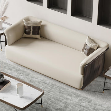 Modern Off-White & Brown Sofa for 3 Seaters Microfiber Leather Upholstery Rectangle