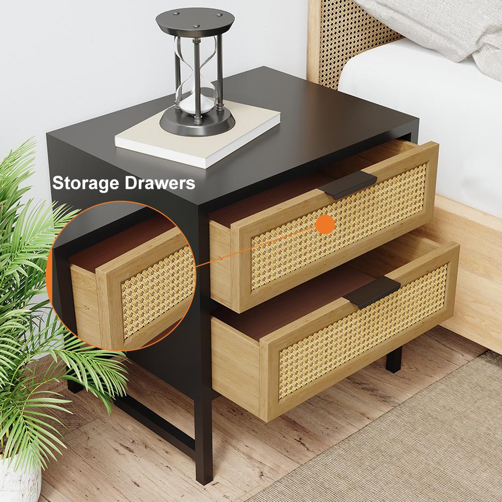 Industrial Nightstand Rattan Nightstand with 2 Drawers Storage for Bedroom