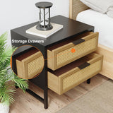 Industrial Nightstand Rattan Nightstand with 2 Drawers Storage for Bedroom