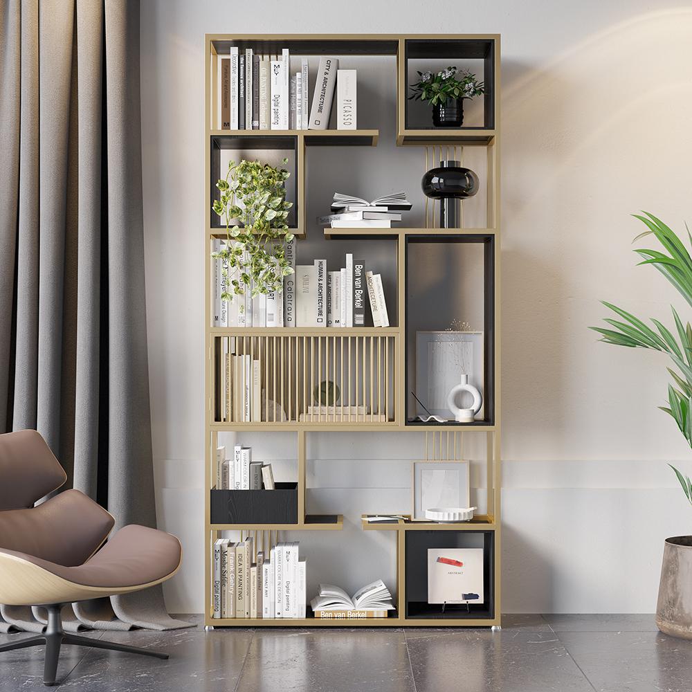 78" Modern Black Steel Geometric Bookcase 6-Tier Bookshelf Wooden Tall Book Shelf