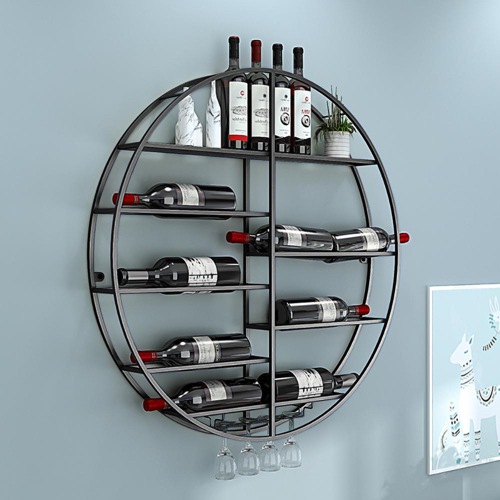 Modern Round Wall Mounted Metal Black Wine Rack