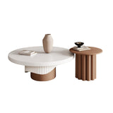 2-Piece Round Wood Coffee Table Set with Fluted Base in White & Walnut