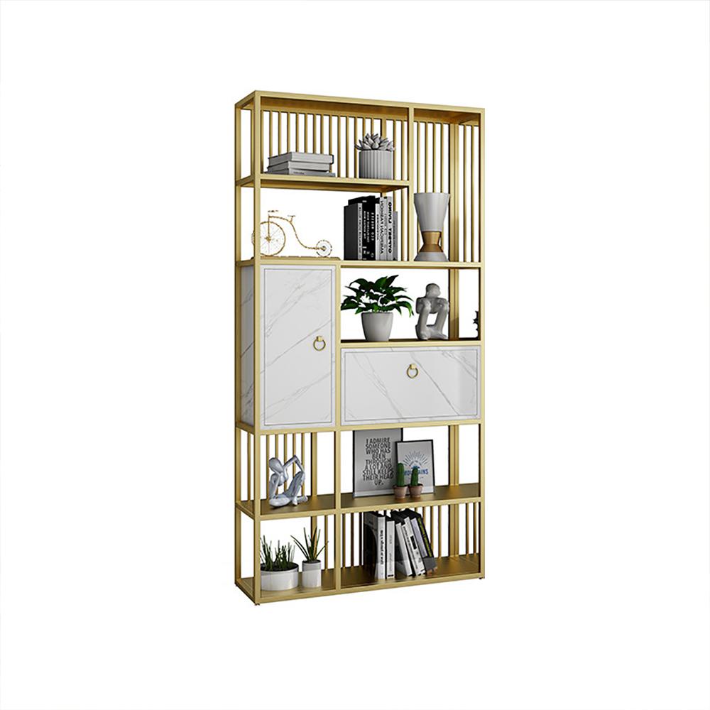 70.9" Modern 5-Tier Geometric Bookshelf with 1 Drawer and 1 Door in White & Gold