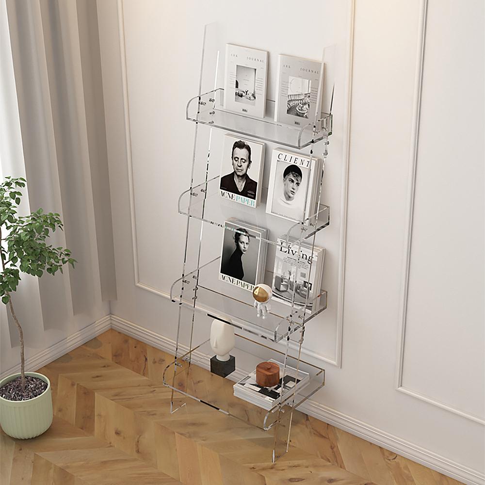 4-Shelf Ladder Bookshelf Modern Bookshelf Acrylic Clear Ladder Bookcase