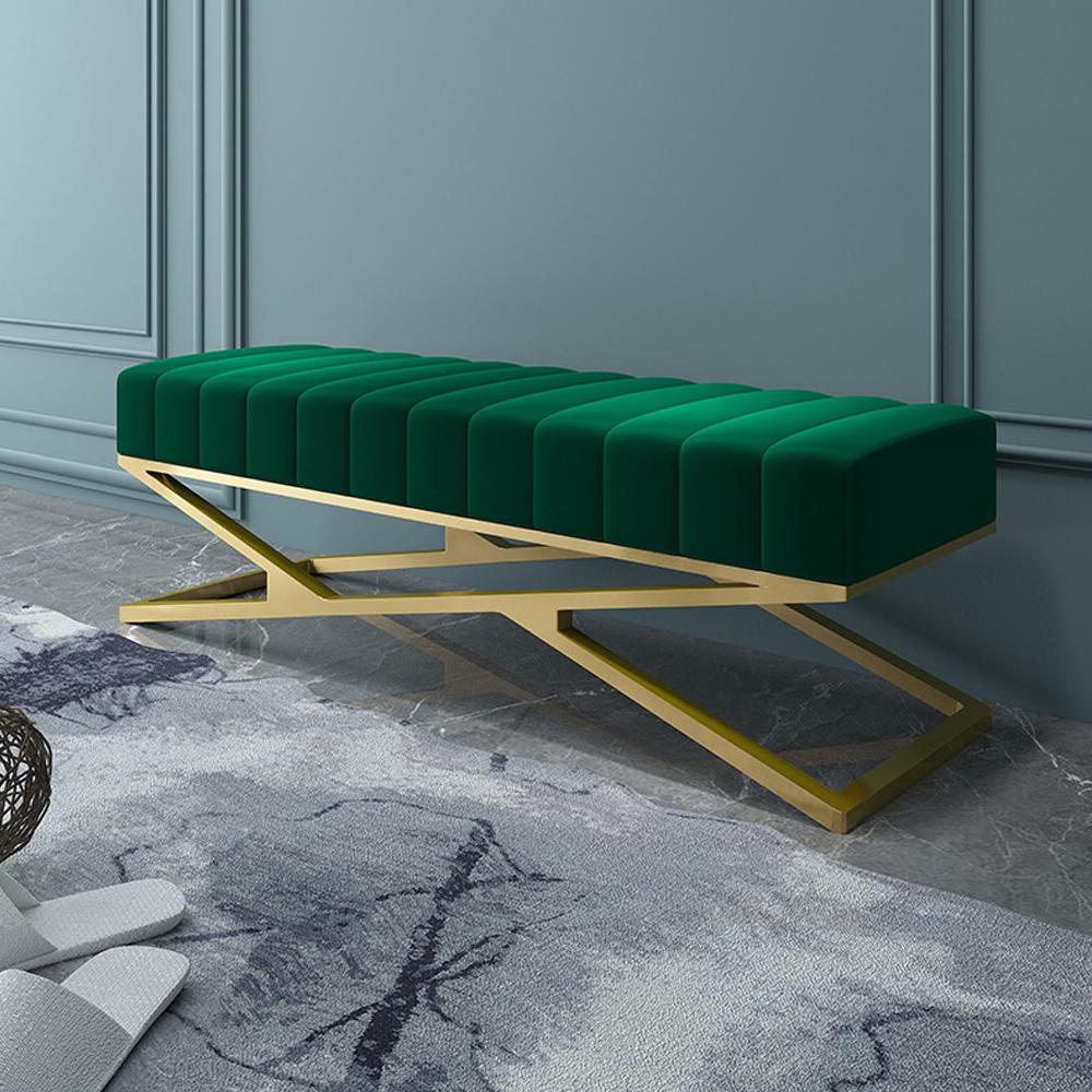 Modern Entryway Bench Gray Velvet Upholstered Ottoman Bench in Gold
